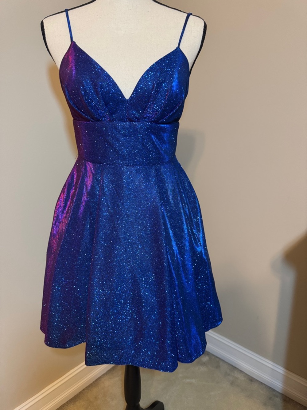 B Darlin Royal Blue Glitter Fit & Flare Dress Spaghetti Strap Short Size 7/8